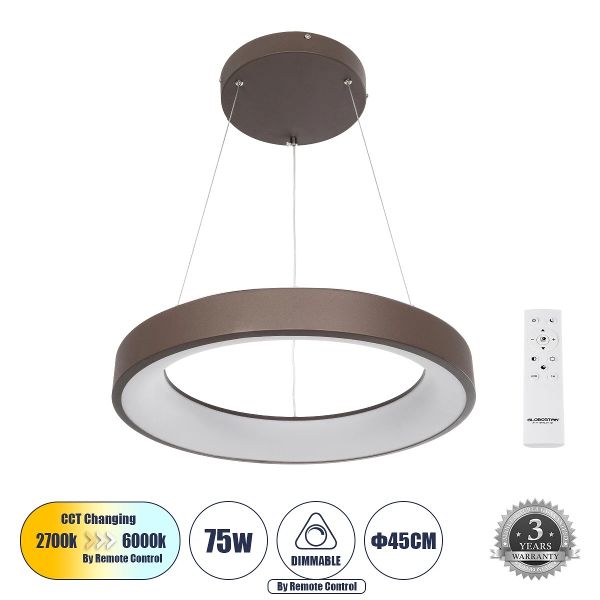 GLOBOSTAR® SALEM 61244 Μοντέρνο Κρεμαστό Φωτιστικό Οροφής LED 75W 8625lm 120° AC 220-240V IP20 Ρυθμιζόμενο Λευκό CCT με Χειριστήριο από 2700K έως 6000K Dimmable - Lumileds SMD Chip - Χάλκινο & Καφέ - Μ45 x Π45 x Υ7cm - 3 Χρόνια Εγγύηση GLOBOSTAR® SALEM 61244 Μοντέρνο Κρεμαστό Φωτιστικό Οροφής LED 75W 8625lm 120° AC 220-240V IP20 Ρυθμιζόμενο Λευκό CCT με Χειριστήριο από 2700K έως 6000K Dimmable - Lumileds SMD Chip - Χάλκινο & Καφέ - Μ45 x Π45 x Υ7cm - 3 Χρόνια Εγγύηση