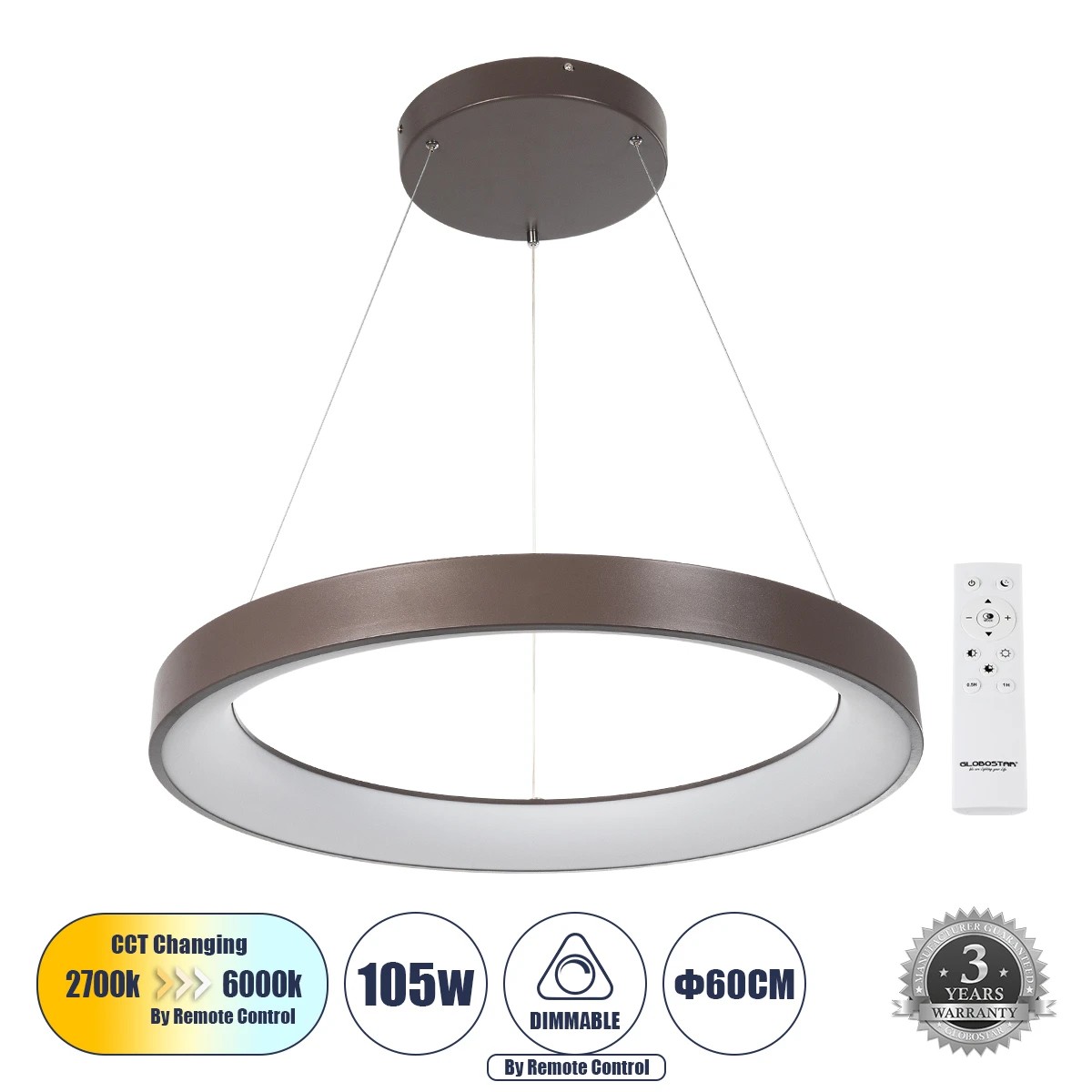 GLOBOSTAR® SALEM 61248 Μοντέρνο Κρεμαστό Φωτιστικό Οροφής LED 105W 12075lm 120° AC 220-240V IP20 Ρυθμιζόμενο Λευκό CCT με Χειριστήριο από 2700K έως 6000K Dimmable - Lumileds SMD Chip - Χάλκινο & Καφέ - Μ60 x Π60 x Υ7cm - 3 Χρόνια Εγγύηση GLOBOSTAR® SALEM 61248 Μοντέρνο Κρεμαστό Φωτιστικό Οροφής LED 105W 12075lm 120° AC 220-240V IP20 Ρυθμιζόμενο Λευκό CCT με Χειριστήριο από 2700K έως 6000K Dimmable - Lumileds SMD Chip - Χάλκινο & Καφέ - Μ60 x Π60 x Υ7cm - 3 Χρόνια Εγγύηση