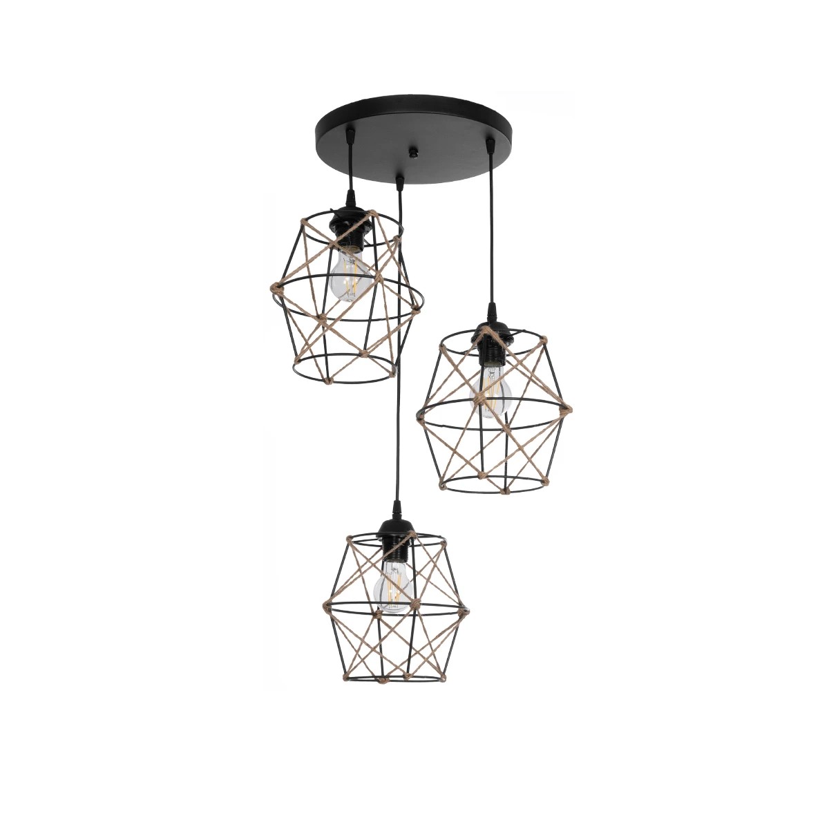 GloboStar® RAYLO 201-0048 Vintage Κρεμαστό Φωτιστικό Πλέγμα Τριφωτο 3 x E27 IP20 Μαύρο Μέταλλο με Μπεζ Σχοινί - Μ44 x Π44 x Υ73cm GloboStar® RAYLO 201-0048 Vintage Κρεμαστό Φωτιστικό Πλέγμα Τριφωτο 3 x E27 IP20 Μαύρο Μέταλλο με Μπεζ Σχοινί - Μ44 x Π44 x Υ73cm