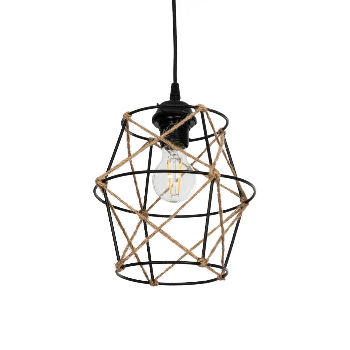 GloboStar® SOLON 201-0088 Vintage Κρεμαστό Φωτιστικό Πλέγμα Μονόφωτο 1 x E27 IP20 Μαύρο Μέταλλο με Μπεζ Σχοινί - Μ22 x Π22 x Υ27cm GloboStar® SOLON 201-0088 Vintage Κρεμαστό Φωτιστικό Πλέγμα Μονόφωτο 1 x E27 IP20 Μαύρο Μέταλλο με Μπεζ Σχοινί - Μ22 x Π22 x Υ27cm