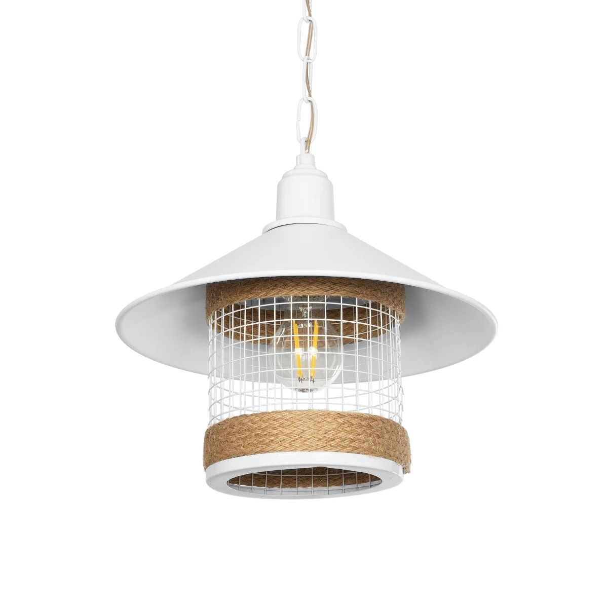 GloboStar® GLORA 201-0089 Vintage Κρεμαστό Φωτιστικό Καμπάνα Μονόφωτο 1 x E27 IP20 Λευκο Μέταλλο με Μπεζ Σχοινί - Μ30 x Π30 x Υ29cm GloboStar® GLORA 201-0089 Vintage Κρεμαστό Φωτιστικό Καμπάνα Μονόφωτο 1 x E27 IP20 Λευκο Μέταλλο με Μπεζ Σχοινί - Μ30 x Π30 x Υ29cm