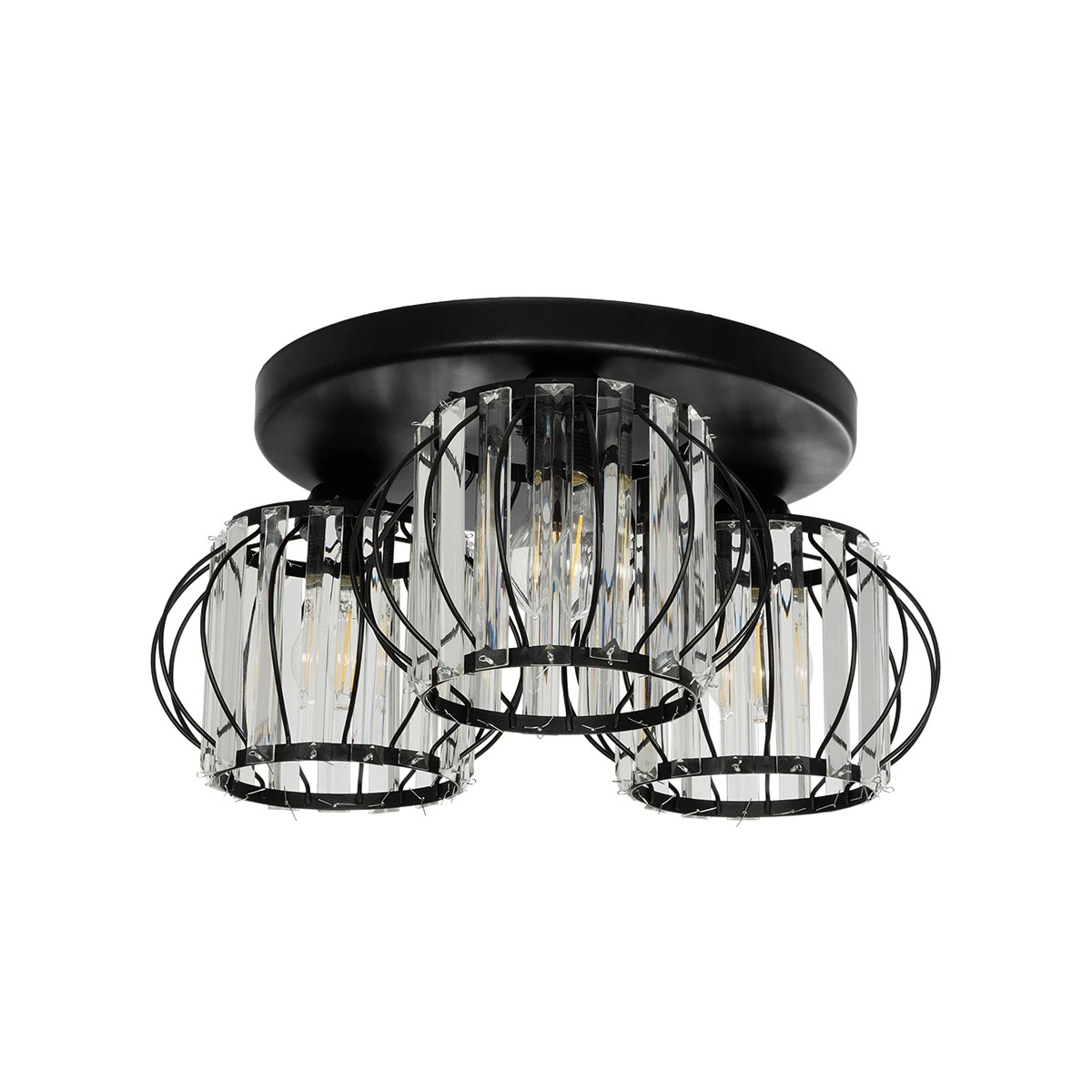 GloboStar® ILLUME 201-0100 Vintage Φωτιστικό Οροφής Κρύσταλλα Τρίφωτο 3 x E27 IP20 Μαύρο & Χρυσό Μέταλλο με Διάφανο Κρύσταλλο - Μ50 x Π50 x Υ19cm