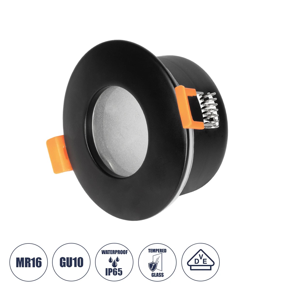 GLOBOSTAR® KAPA 60888 Χωνευτή Στρόγγυλη Βάση Σποτ Οροφής/Μπάνιου για Λάμπα MR16/GU10 Αδιάβροχο IP65 - Μαύρο Αλουμίνιο & Λευκό Γυαλί - Φ8.5 x Υ4.2cm / Q7.5cm