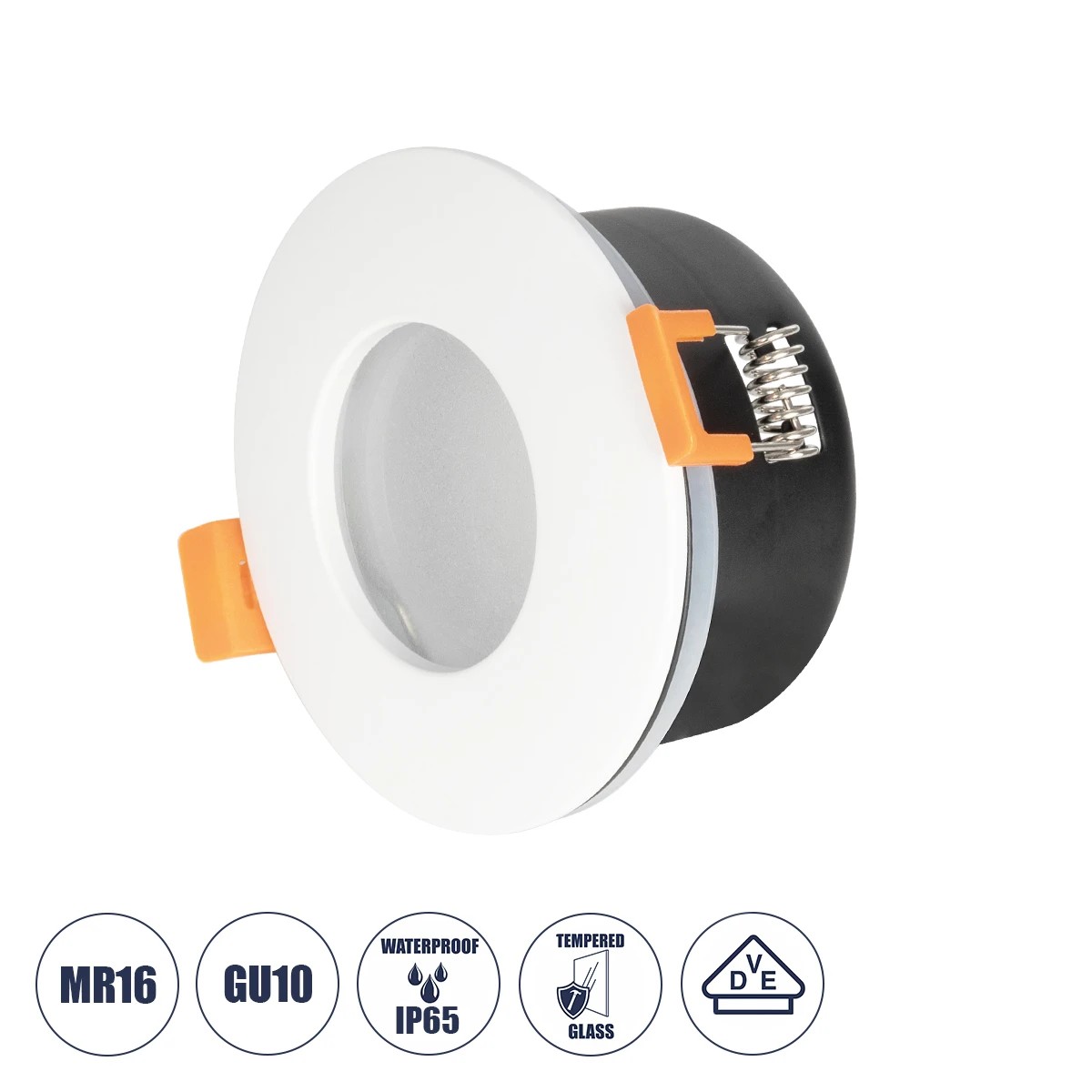GLOBOSTAR® KAPA 60889 Χωνευτή Στρόγγυλη Βάση Σποτ Οροφής/Μπάνιου για Λάμπα MR16/GU10 Αδιάβροχο IP65 - Λευκό Αλουμίνιο & Λευκό Γυαλί - Φ8.5 x Υ4.2cm / Q7.5cm