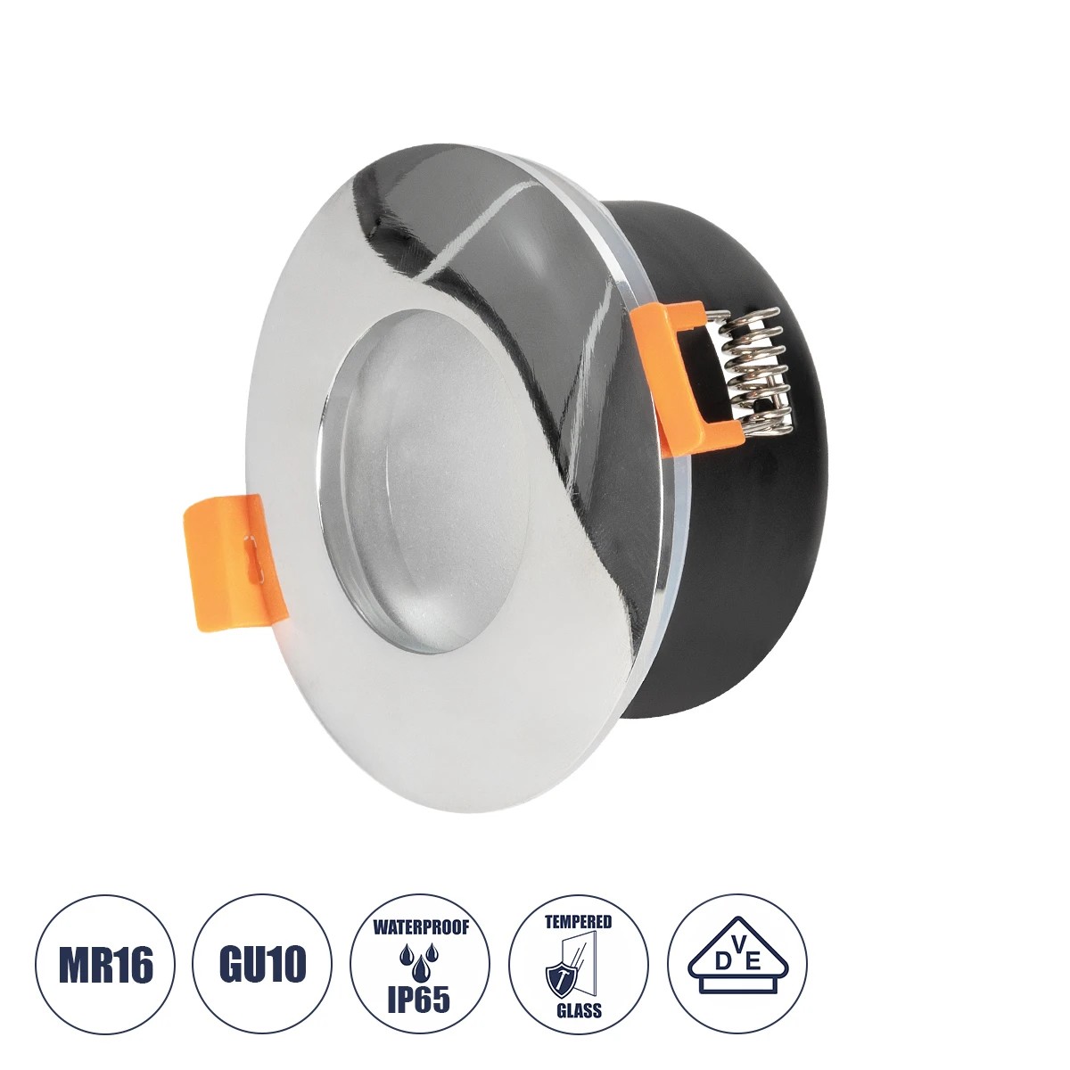 GLOBOSTAR® KAPA 60890 Χωνευτή Στρόγγυλη Βάση Σποτ Οροφής/Μπάνιου για Λάμπα MR16/GU10 Αδιάβροχο IP65 - Νίκελ Βούρτσας Αλουμίνιο & Λευκό Γυαλί - Φ8.5 x Υ4.2cm / Q7.5cm