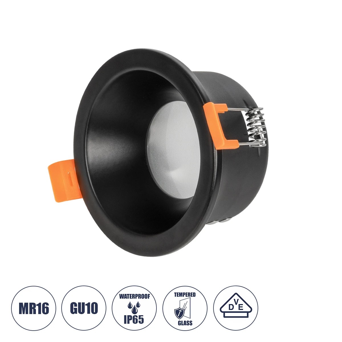 GLOBOSTAR® SIGMA 60891 Χωνευτή Στρόγγυλη Βάση Σποτ Οροφής/Μπάνιου για Λάμπα MR16/GU10 Αδιάβροχο IP65 - Μαύρο Αλουμίνιο & Λευκό Γυαλί - Φ8.5 x Υ4.4cm / Q7.5cm