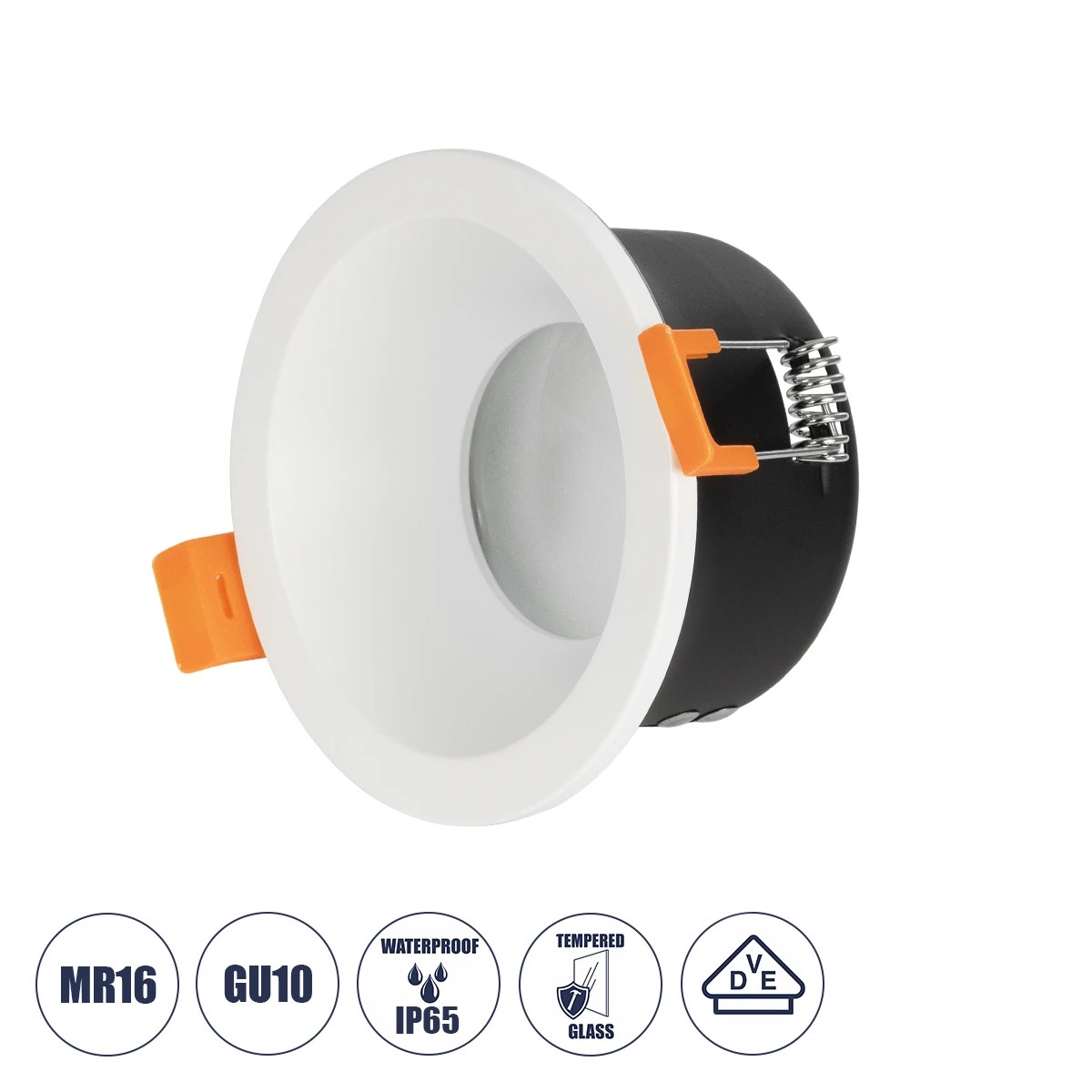 GLOBOSTAR® SIGMA 60892 Χωνευτή Στρόγγυλη Βάση Σποτ Οροφής/Μπάνιου για Λάμπα MR16/GU10 Αδιάβροχο IP65 - Λευκό Αλουμίνιο & Λευκό Γυαλί - Φ8.5 x Υ4.4cm / Q7.5cm