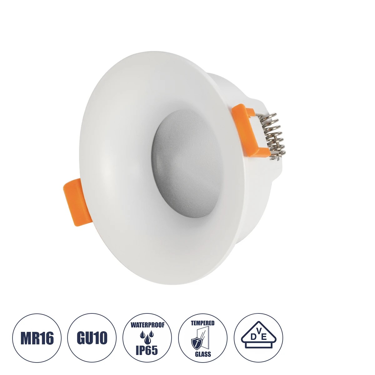 GLOBOSTAR® LAMDA 60894 Χωνευτή Στρόγγυλη Βάση Σποτ Οροφής/Μπάνιου για Λάμπα MR16/GU10 Αδιάβροχο IP65 - Λευκό Αλουμίνιο & Λευκό Γυαλί - Φ8.5 x Υ3.5cm / Q7.5cm