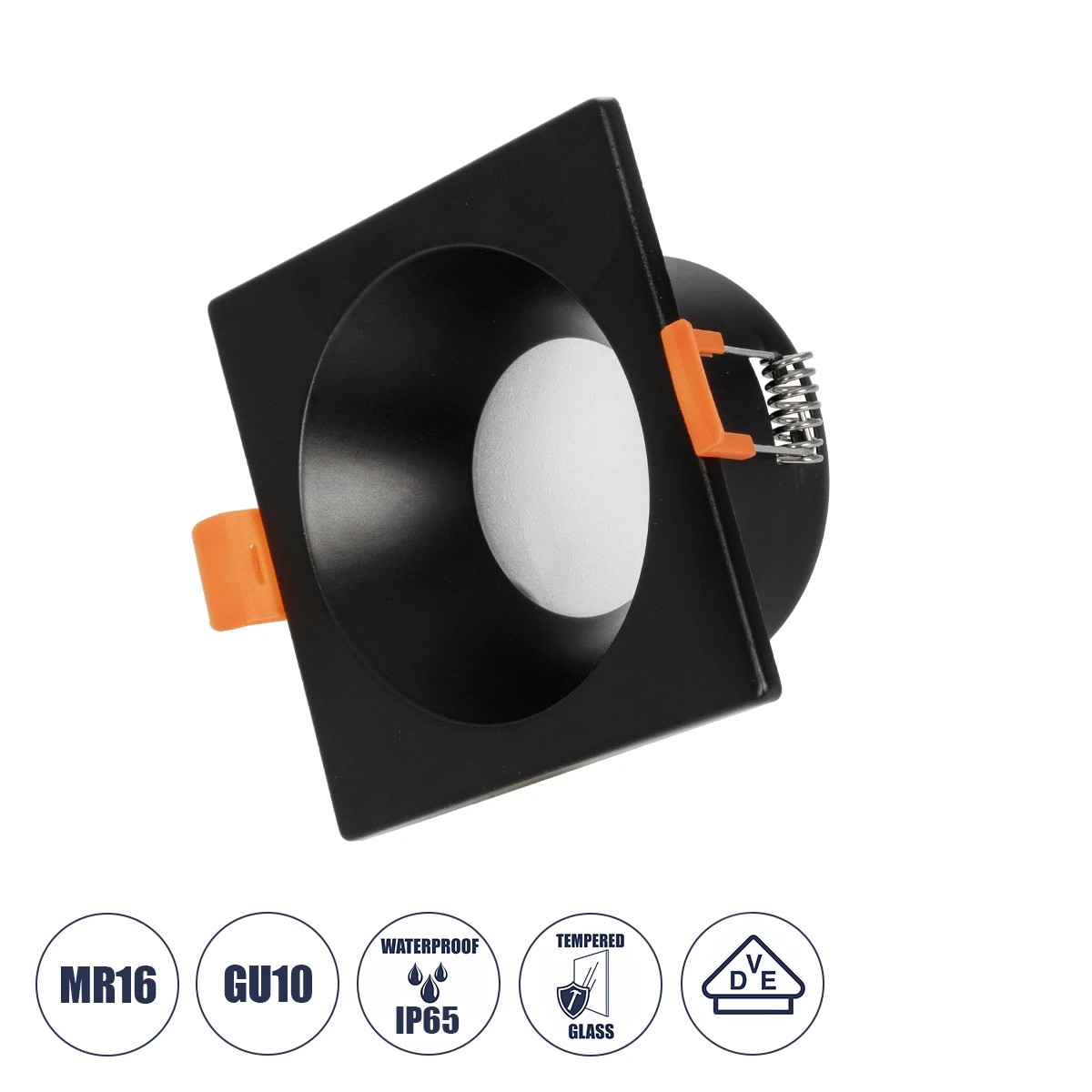 GLOBOSTAR® EPSILON 60895 Χωνευτή Τετράγωνη Βάση Σποτ Οροφής/Μπάνιου για Λάμπα MR16/GU10 Αδιάβροχο IP65 - Μαύρο Αλουμίνιο & Λευκό Γυαλί - Φ8.5 x Υ4.4cm / Q7.5 x 7.5cm