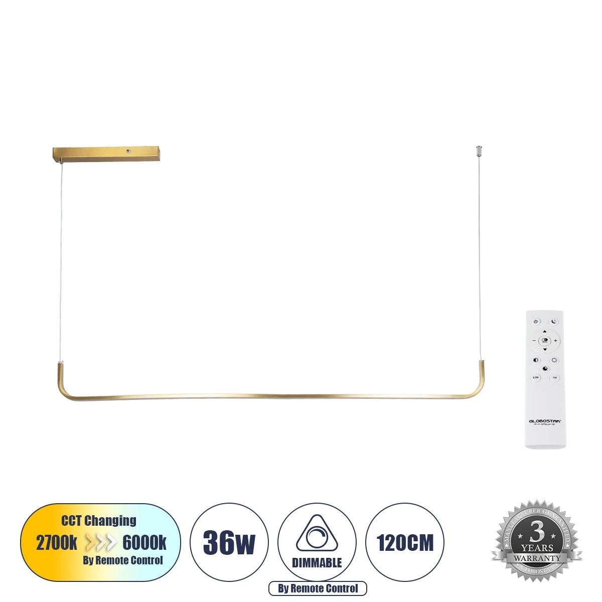 GLOBOSTAR® LINARIA 60923 Μοντέρνο Κρεμαστό Φωτιστικό Οροφής LED 36W 4150lm 180° AC 220-240V IP20 Ρυθμιζόμενο Λευκό CCT με Χειριστήριο από 2700K έως 6000K Dimmable - Lumileds SMD Chip - Χρυσό Βούρτσας - Μ120 x Π2 x Υ10cm - 3 Χρόνια Εγγύηση GLOBOSTAR® LINARIA 60923 Μοντέρνο Κρεμαστό Φωτιστικό Οροφής LED 36W 4150lm 180° AC 220-240V IP20 Ρυθμιζόμενο Λευκό CCT με Χειριστήριο από 2700K έως 6000K Dimmable - Lumileds SMD Chip - Χρυσό Βούρτσας - Μ120 x Π2 x Υ10cm - 3 Χρόνια Εγγύηση