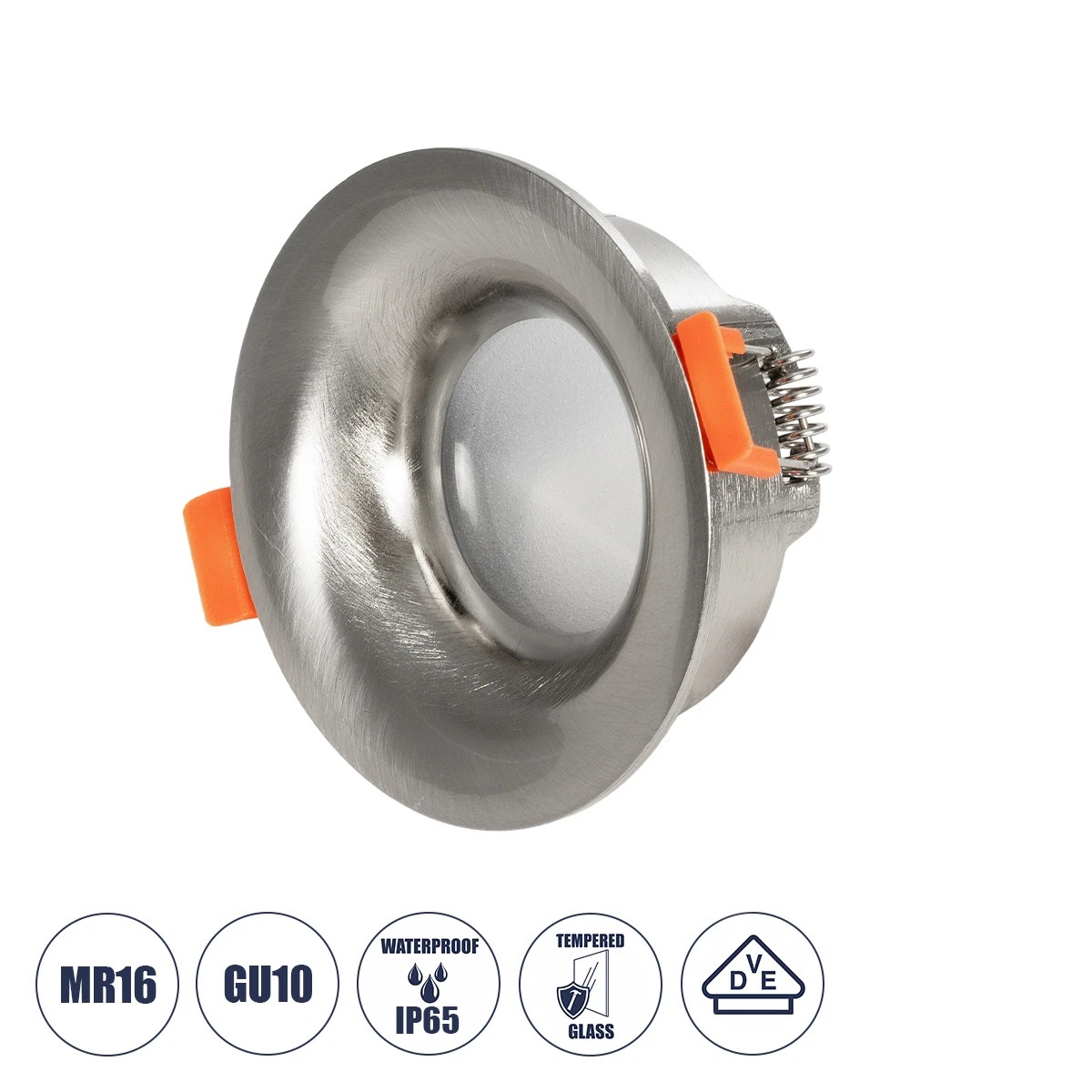 GLOBOSTAR® LAMDA 61317 Χωνευτή Στρόγγυλη Βάση Σποτ Οροφής/Μπάνιου για Λάμπα MR16/GU10 Αδιάβροχο IP65 - Νίκελ Βούρτσας Αλουμίνιο & Λευκό Γυαλί - Φ8.5 x Υ3.5cm / Q7.5cm
