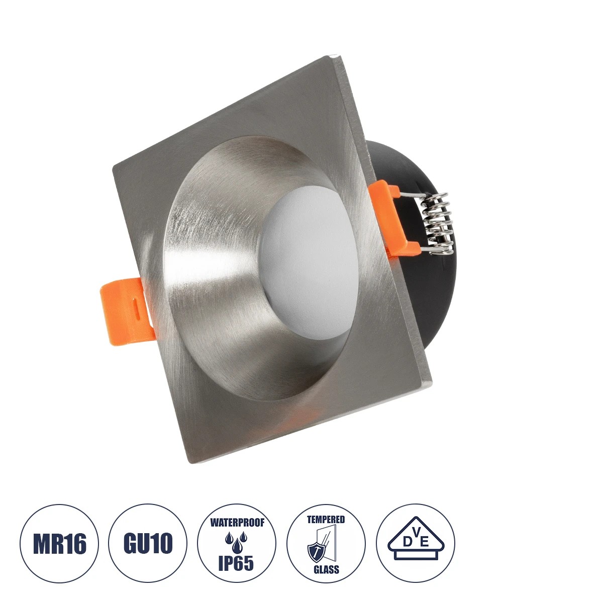 GLOBOSTAR® EPSILON 61318 Χωνευτή Τετράγωνη Βάση Σποτ Οροφής/Μπάνιου για Λάμπα MR16/GU10 Αδιάβροχο IP65 - Νίκελ Βούρτσας Αλουμίνιο & Λευκό Γυαλί - Φ8.5 x Υ4.4cm / Q7.5 x 7.5cm