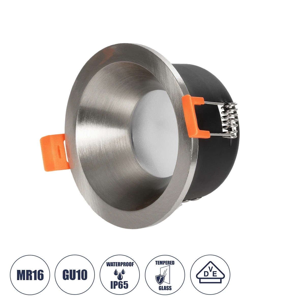GLOBOSTAR® SIGMA 61461 Χωνευτή Στρόγγυλη Βάση Σποτ Οροφής/Μπάνιου για Λάμπα MR16/GU10 Αδιάβροχο IP65 - Νίκελ Βούρτσας Αλουμίνιο & Λευκό Γυαλί - Φ8.5 x Υ4.4cm / Q7.5cm