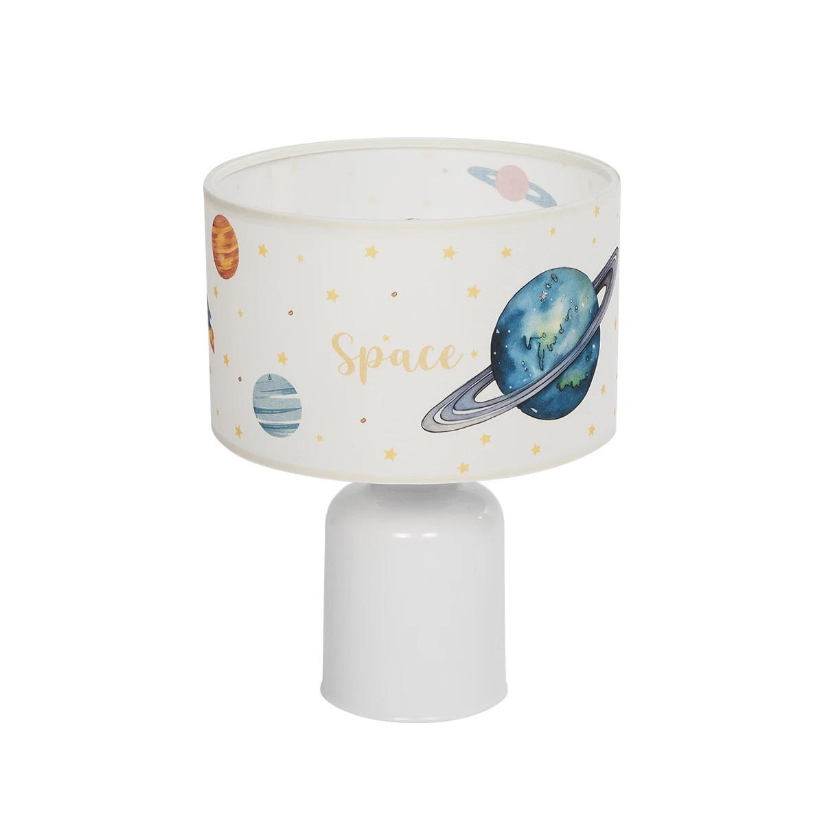 GloboStar® SATURN 204-0030 Παιδικό Eπιτραπέζιο Φωτιστικό Πορτατίφ Μονόφωτο 1 x E27 IP20 Πολύχρωμο Ύφασμα με Λευκό Πλαστικό - Μ24 x Π24 x Υ32cm