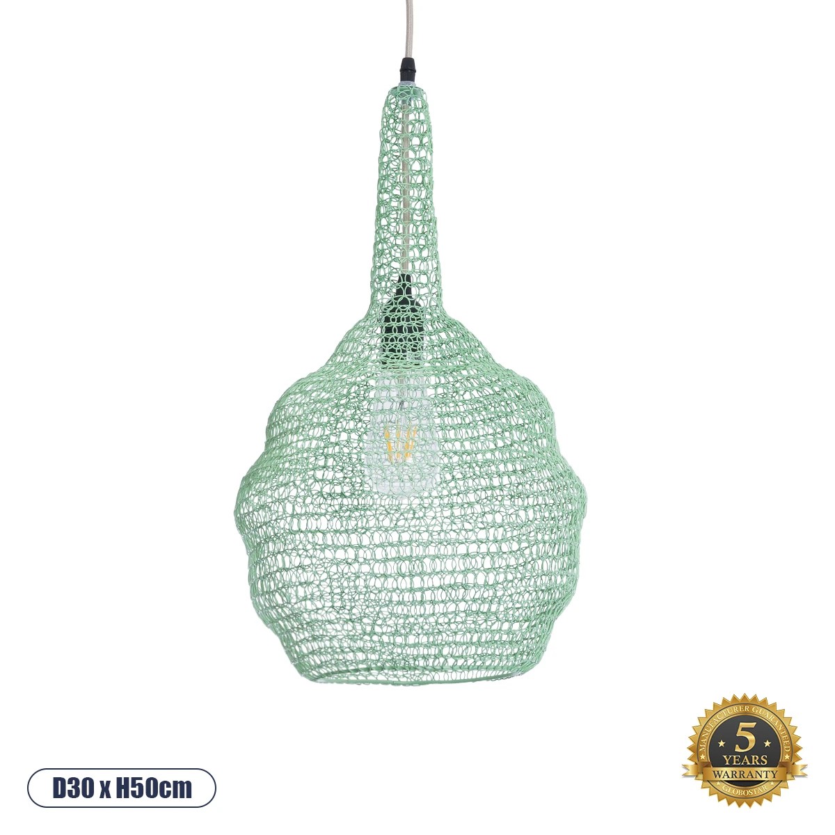 GLOBOSTAR® KENTUCKY 01882 Vintage Κρεμαστό Φωτιστικό Οροφής με Ντουί 1 x E27 AC 220-240V IP20 - Τιρκουάζ - Μ30 x Π30 x Υ50cm