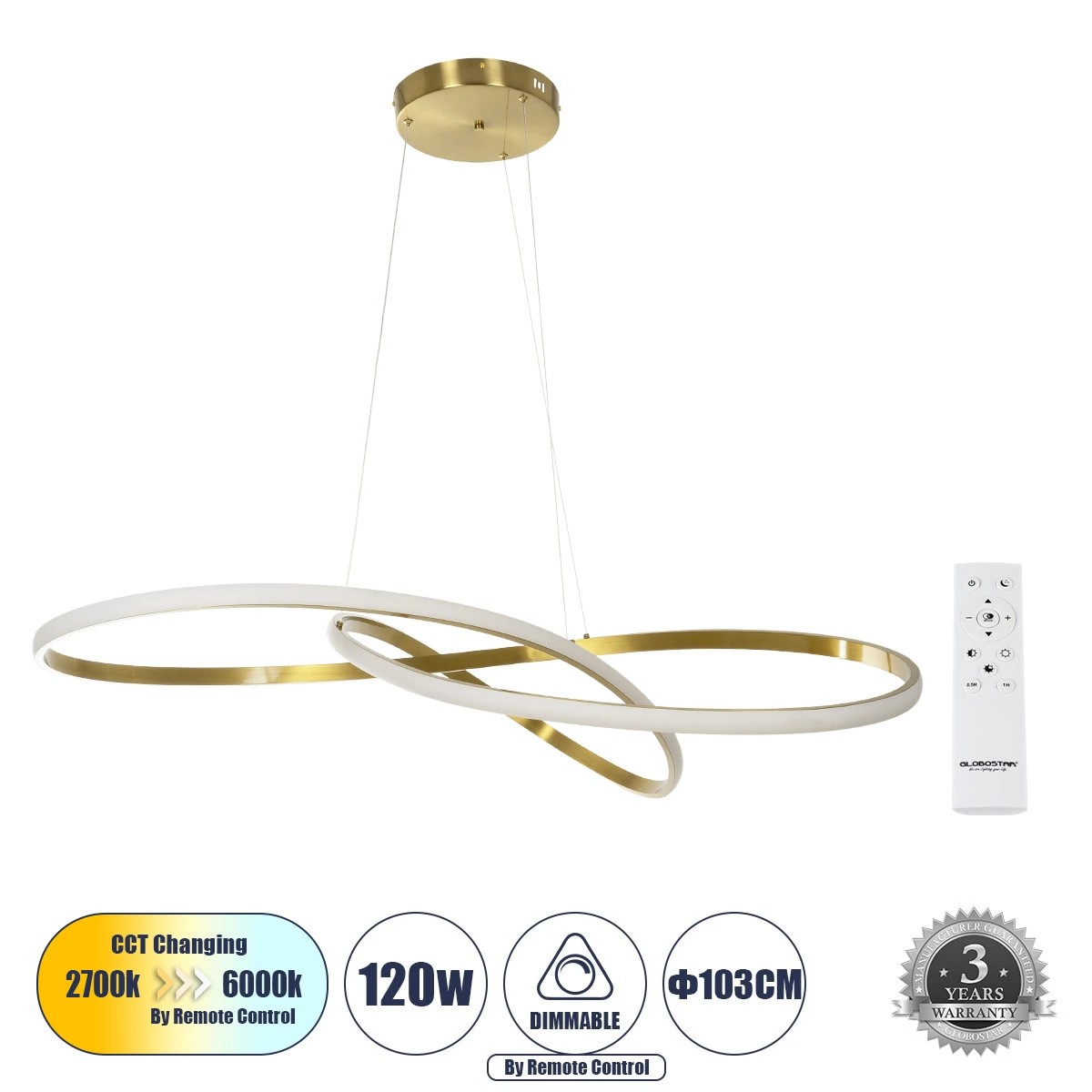 GLOBOSTAR® DEXTER 60920 Μοντέρνο Κρεμαστό Φωτιστικό Οροφής LED 120W 13440lm 300° AC 220-240V IP20 Ρυθμιζόμενο Λευκό CCT με Χειριστήριο από 2700K έως 6000K Dimmable - Lumileds SMD Chip - Χρυσό Βούρτσας - Μ103 x Π103 x Υ30cm - 3 Χρόνια Εγγύηση GLOBOSTAR® DEXTER 60920 Μοντέρνο Κρεμαστό Φωτιστικό Οροφής LED 120W 13440lm 300° AC 220-240V IP20 Ρυθμιζόμενο Λευκό CCT με Χειριστήριο από 2700K έως 6000K Dimmable - Lumileds SMD Chip - Χρυσό Βούρτσας - Μ103 x Π103 x Υ30cm - 3 Χρόνια Εγγύηση