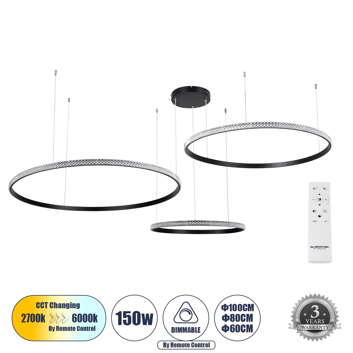 GLOBOSTAR® DIAMOND TRIO 61146 Μοντέρνο Κρεμαστό Φωτιστικό Οροφής LED 150W 18379lm 360° AC 220-240V IP20 Ρυθμιζόμενο Λευκό CCT με Χειριστήριο από 2700K έως 6000K Dimmable - Lumileds SMD Chip - Μαυρό Ματ - Μ170 x Π170 x Υ60cm - 3 Χρόνια Εγγύηση GLOBOSTAR® DIAMOND TRIO 61146 Μοντέρνο Κρεμαστό Φωτιστικό Οροφής LED 150W 18379lm 360° AC 220-240V IP20 Ρυθμιζόμενο Λευκό CCT με Χειριστήριο από 2700K έως 6000K Dimmable - Lumileds SMD Chip - Μαυρό Ματ - Μ170 x Π170 x Υ60cm - 3 Χρόνια Εγγύηση