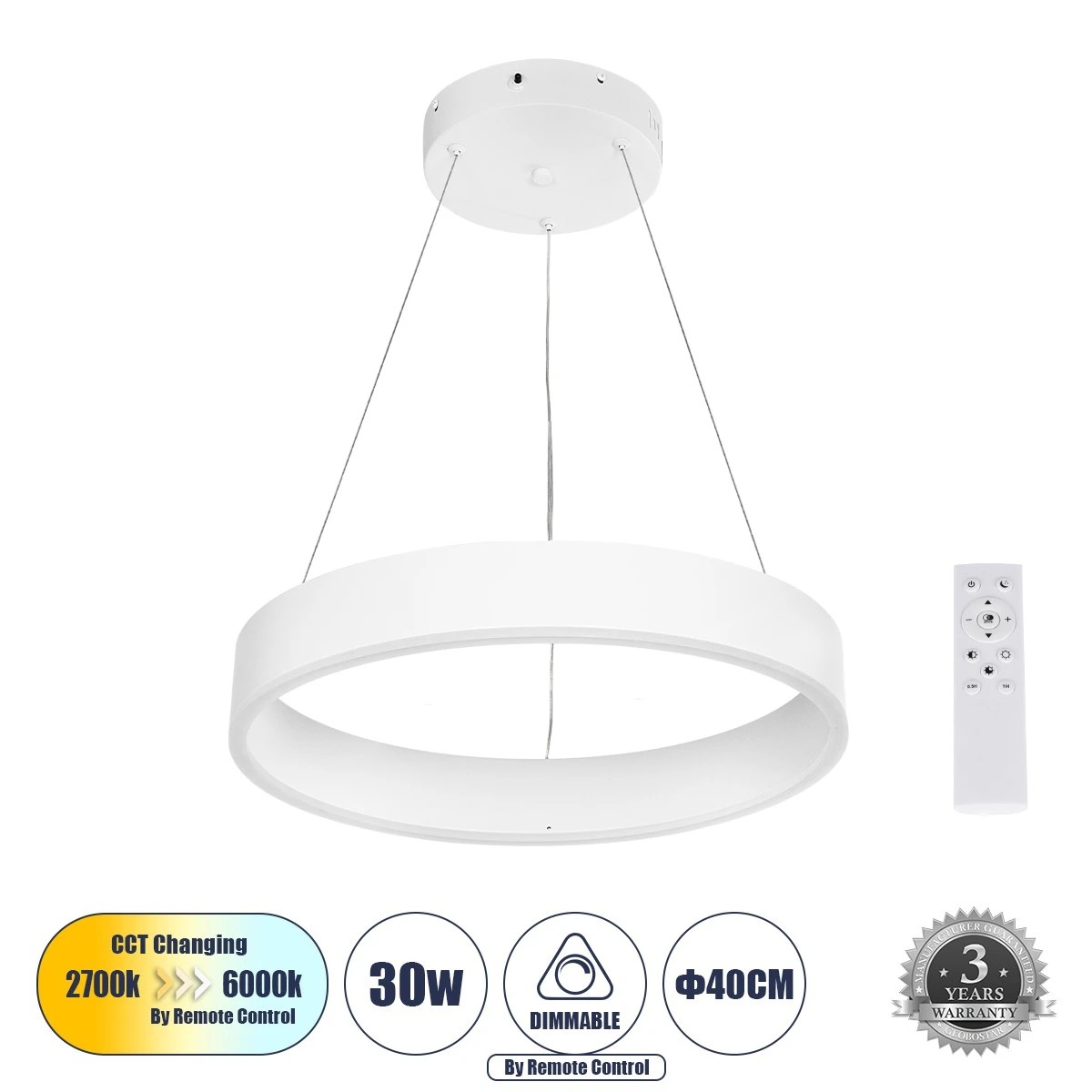 GLOBOSTAR® VENOM 61174 Μοντέρνο Κρεμαστό Φωτιστικό Οροφής LED 30W 3513lm 120° AC 220-240V IP20 Ρυθμιζόμενο Λευκό CCT με Χειριστήριο από 2700K έως 6000K Dimmable - Lumileds SMD Chip - Λευκό Ματ - Μ40 x Π40 x Υ6.5cm - 3 Χρόνια Εγγύηση GLOBOSTAR® VENOM 61174 Μοντέρνο Κρεμαστό Φωτιστικό Οροφής LED 30W 3513lm 120° AC 220-240V IP20 Ρυθμιζόμενο Λευκό CCT με Χειριστήριο από 2700K έως 6000K Dimmable - Lumileds SMD Chip - Λευκό Ματ - Μ40 x Π40 x Υ6.5cm - 3 Χρόνια Εγγύηση