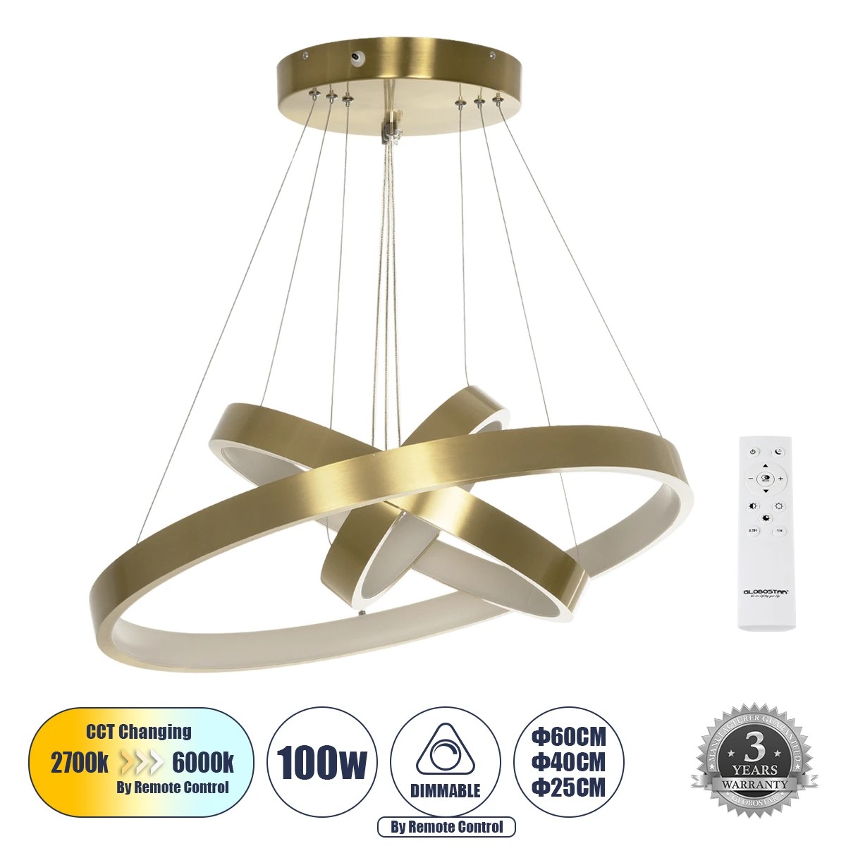 GLOBOSTAR® NEMESIS TRIO 61169-DECO Μοντέρνο Κρεμαστό Φωτιστικό Οροφής LED 100W 12123lm 360° AC 220-240V IP20 Ρυθμιζόμενο Λευκό CCT με Χειριστήριο από 2700K έως 6000K Dimmable - Lumileds SMD Chip - Χρυσό Βούρτσας - Μ60 x Π60 x Υ60cm - 3 Χρόνια Εγγύηση GLOBOSTAR® NEMESIS TRIO 61169-DECO Μοντέρνο Κρεμαστό Φωτιστικό Οροφής LED 100W 12123lm 360° AC 220-240V IP20 Ρυθμιζόμενο Λευκό CCT με Χειριστήριο από 2700K έως 6000K Dimmable - Lumileds SMD Chip - Χρυσό Βούρτσας - Μ60 x Π60 x Υ60cm - 3 Χρόνια Εγγύηση