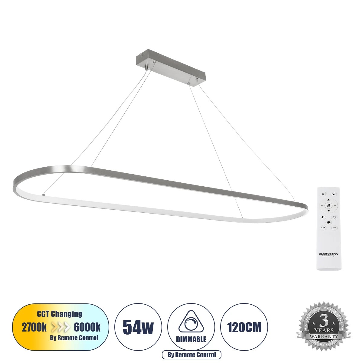 GLOBOSTAR® BOLIVAR 61273 Μοντέρνο Κρεμαστό Φωτιστικό Οροφής LED 54W 6210lm 360° AC 220-240V IP20 Ρυθμιζόμενο Λευκό CCT με Χειριστήριο από 2700K έως 6000K Dimmable - Lumileds SMD Chip - Νίκελ Βούρτσας - Μ120 x Π30 x Υ2cm - 3 Χρόνια Εγγύηση GLOBOSTAR® BOLIVAR 61273 Μοντέρνο Κρεμαστό Φωτιστικό Οροφής LED 54W 6210lm 360° AC 220-240V IP20 Ρυθμιζόμενο Λευκό CCT με Χειριστήριο από 2700K έως 6000K Dimmable - Lumileds SMD Chip - Νίκελ Βούρτσας - Μ120 x Π30 x Υ2cm - 3 Χρόνια Εγγύηση