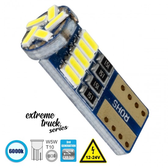 GloboStar® T10 W5W 81105 Λάμπα Αυτοκίνητου 3rd Generation Can-Bus Extreme Truck Series LED 15 SMD 4014 3.8W 570lm 360° DC 12-24V IP20 Ψυχρό Λευκό 6000K GloboStar® T10 W5W 81105 Λάμπα Αυτοκίνητου 3rd Generation Can-Bus Extreme Truck Series LED 15 SMD 4014 3.8W 570lm 360° DC 12-24V IP20 Ψυχρό Λευκό 6000K