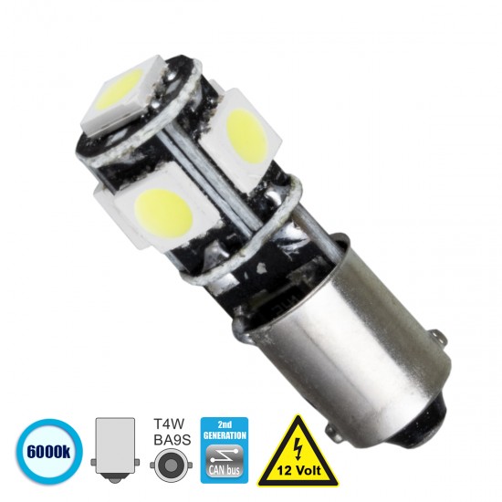GloboStar® BA9S - T4W 81288 Λάμπα Αυτοκινήτου 2nd Generation Can-Bus Series LED 5 SMD 5050 2W 300lm 360° DC 12V IP20 Ψυχρό Λευκό 6000K GloboStar® BA9S - T4W 81288 Λάμπα Αυτοκινήτου 2nd Generation Can-Bus Series LED 5 SMD 5050 2W 300lm 360° DC 12V IP20 Ψυχρό Λευκό 6000K