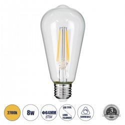 GLOBOSTAR® PEAR 99016 Λάμπα E27 ST64 LED 8W 800lm 360° AC 220-240V IP20 Θερμό Λευκό 2700K Dimmable - Long Filament Chip - Διάφανο - Μ6.4 x Π6.4 x Υ14cm - 3 Χρόνια Εγγύηση GLOBOSTAR® PEAR 99016 Λάμπα E27 ST64 LED 8W 800lm 360° AC 220-240V IP20 Θερμό Λευκό 2700K Dimmable - Long Filament Chip - Διάφανο - Μ6.4 x Π6.4 x Υ14cm - 3 Χρόνια Εγγύηση