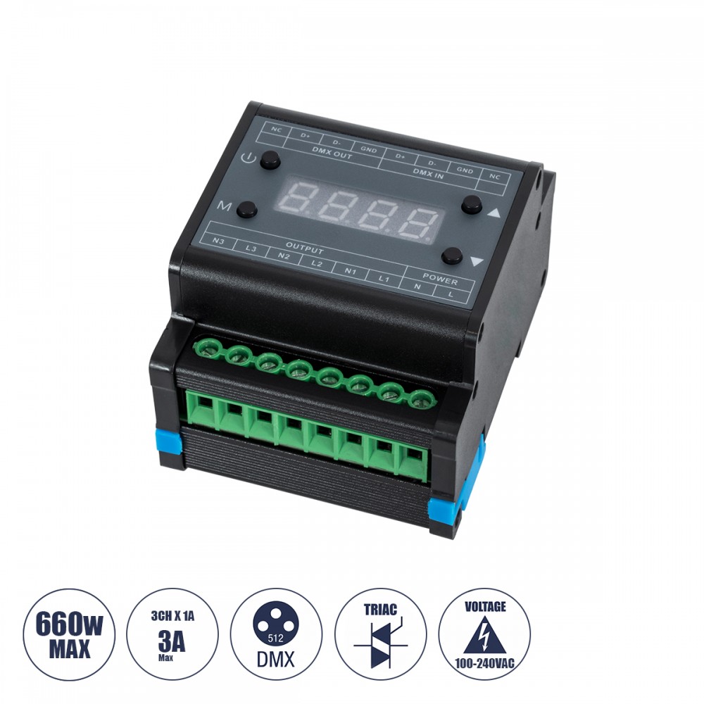 GloboStar® 73372 AC Triac DMX Dimmer Din Rail Ράγας 3 Καναλιών AC 100240V 3 x 1A 220W Max 3A
