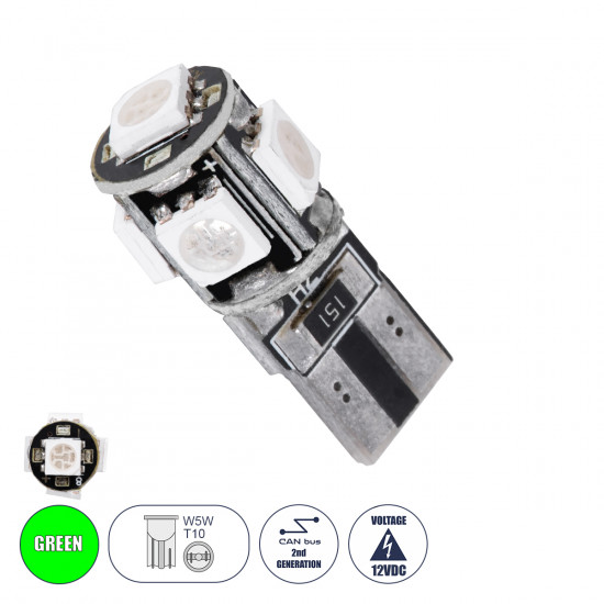 GloboStar® T10 W5W 25001 Λάμπα Αυτοκίνητου LED 2rd Generation Can-Bus Series 5xSMD5050 2.30W 240lm 360° DC 12-16V IP20 Φ1.1 x Υ2.7cm Πράσινο GloboStar® T10 W5W 25001 Λάμπα Αυτοκίνητου LED 2rd Generation Can-Bus Series 5xSMD5050 2.30W 240lm 360° DC 12-16V IP20 Φ1.1 x Υ2.7cm Πράσινο