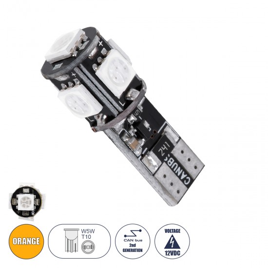 GloboStar® T10 W5W 08050 Λάμπα Αυτοκίνητου LED 2rd Generation Can-Bus Series 5xSMD5050 2.30W 240lm 360° DC 12-16V IP20 Φ1.1 x Υ2.7cm Πορτοκαλί GloboStar® T10 W5W 08050 Λάμπα Αυτοκίνητου LED 2rd Generation Can-Bus Series 5xSMD5050 2.30W 240lm 360° DC 12-16V IP20 Φ1.1 x Υ2.7cm Πορτοκαλί