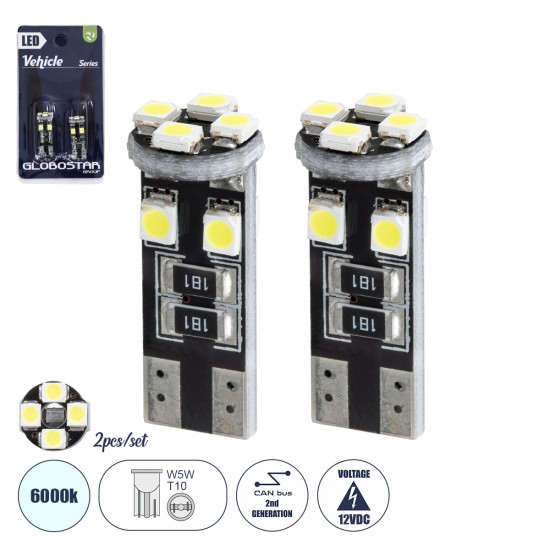 GloboStar® T10 W5W 81119-B Λάμπες Αυτοκινήτου LED 2rd Generation Can-Bus Series 8xSMD1210 2.6W 390lm 360° DC 12-16V IP20 Φ1 x Υ2.6cm Ψυχρό Λευκό 6000K - Σετ 2 Τεμαχίων σε Blister GloboStar® T10 W5W 81119-B Λάμπες Αυτοκινήτου LED 2rd Generation Can-Bus Series 8xSMD1210 2.6W 390lm 360° DC 12-16V IP20 Φ1 x Υ2.6cm Ψυχρό Λευκό 6000K - Σετ 2 Τεμαχίων σε Blister