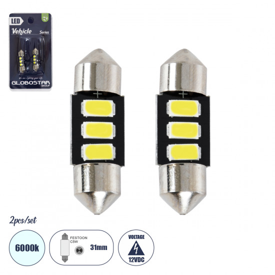 GloboStar® C5W 81301-B Λάμπες Αυτοκινήτου LED 31mm FESTOON - 3xSMD5630 1.5W 225lm 120° DC 12-16V IP20 Μ3.1 x Π0.9 x Υ0.9cm Ψυχρό Λευκό 6000K - Σετ 2 Τεμαχίων σε Blister GloboStar® C5W 81301-B Λάμπες Αυτοκινήτου LED 31mm FESTOON - 3xSMD5630 1.5W 225lm 120° DC 12-16V IP20 Μ3.1 x Π0.9 x Υ0.9cm Ψυχρό Λευκό 6000K - Σετ 2 Τεμαχίων σε Blister