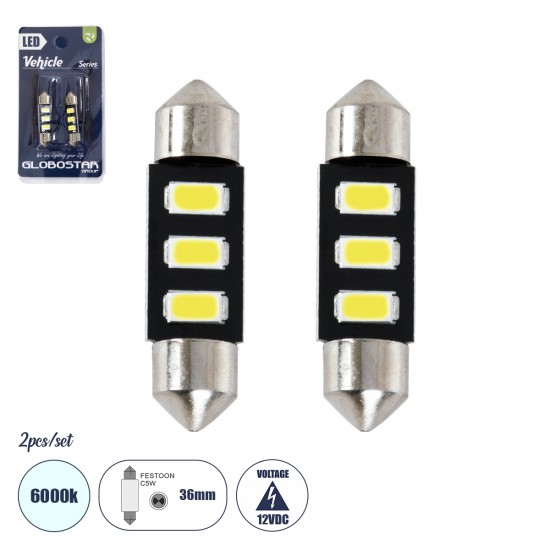 GloboStar® C5W 81302-B Λάμπες Αυτοκινήτου LED 36mm FESTOON - 3xSMD5630 1.5W 225lm 120° DC 12-16V IP20 Μ3.6 x Π0.9 x Υ0.9cm Ψυχρό Λευκό 6000K - Σετ 2 Τεμαχίων σε Blister GloboStar® C5W 81302-B Λάμπες Αυτοκινήτου LED 36mm FESTOON - 3xSMD5630 1.5W 225lm 120° DC 12-16V IP20 Μ3.6 x Π0.9 x Υ0.9cm Ψυχρό Λευκό 6000K - Σετ 2 Τεμαχίων σε Blister