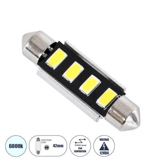 GloboStar® C5W 81321 Λάμπα Αυτοκινήτου LED 42mm FESTOON 2rd Generation Can-Bus Series 4xSMD5630 2W 300lm 120° DC 12-16V IP20 Μ4.2 x Π1.2 x Υ1.2cm Ψυχρό Λευκό 6000K GloboStar® C5W 81321 Λάμπα Αυτοκινήτου LED 42mm FESTOON 2rd Generation Can-Bus Series 4xSMD5630 2W 300lm 120° DC 12-16V IP20 Μ4.2 x Π1.2 x Υ1.2cm Ψυχρό Λευκό 6000K