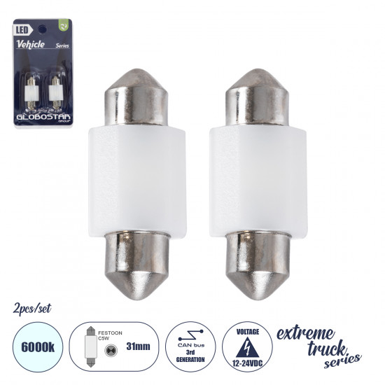 GloboStar® C5W 81332-B Λάμπες Αυτοκινήτου LED 31mm FESTOON 3rd Generation Can-Bus Extreme Truck Series 2xSMD3030 3W 450lm 120° DC 12-24V IP20 Μ3.1 x Π12.5 x Υ1cm Ψυχρό Λευκό 6000K - Σετ 2 Τεμαχίων σε Blister GloboStar® C5W 81332-B Λάμπες Αυτοκινήτου LED 31mm FESTOON 3rd Generation Can-Bus Extreme Truck Series 2xSMD3030 3W 450lm 120° DC 12-24V IP20 Μ3.1 x Π12.5 x Υ1cm Ψυχρό Λευκό 6000K - Σετ 2 Τεμαχίων σε Blister