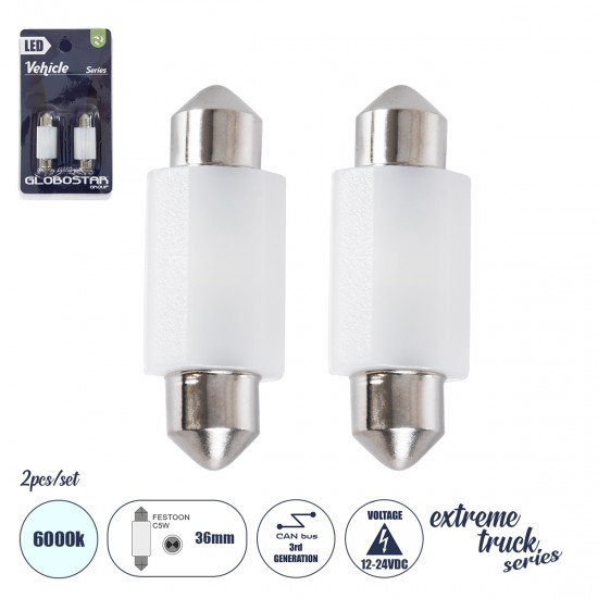 GloboStar® C5W 81333-B Λάμπες Αυτοκινήτου LED 36mm FESTOON 3rd Generation Can-Bus Extreme Truck Series 2xSMD3030 3W 450lm 120° DC 12-24V IP20 Μ3.6 x Π12.5 x Υ1cm Ψυχρό Λευκό 6000K - Σετ 2 Τεμαχίων σε Blister GloboStar® C5W 81333-B Λάμπες Αυτοκινήτου LED 36mm FESTOON 3rd Generation Can-Bus Extreme Truck Series 2xSMD3030 3W 450lm 120° DC 12-24V IP20 Μ3.6 x Π12.5 x Υ1cm Ψυχρό Λευκό 6000K - Σετ 2 Τεμαχίων σε Blister