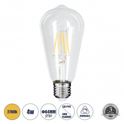 GLOBOSTAR® PEAR 99015 Λάμπα E27 ST64 LED 4W 400lm 360° AC 220-240V IP20 Θερμό Λευκό 2700K Dimmable - Long Filament Chip - Διάφανο - Μ6.4 x Π6.4 x Υ14cm - 3 Χρόνια Εγγύηση GLOBOSTAR® PEAR 99015 Λάμπα E27 ST64 LED 4W 400lm 360° AC 220-240V IP20 Θερμό Λευκό 2700K Dimmable - Long Filament Chip - Διάφανο - Μ6.4 x Π6.4 x Υ14cm - 3 Χρόνια Εγγύηση